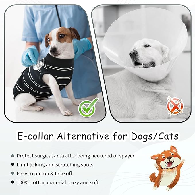 Kuoser Dog Surgery Recovery Suit for Female Male Dogs, Stripes Spay Neuter Anti-Licking Dog Onesie, Surgical Suit Snugly Pet Post Surgery Vest Bodysuit for Abdominal Wounds Skin Disease, Black XS
