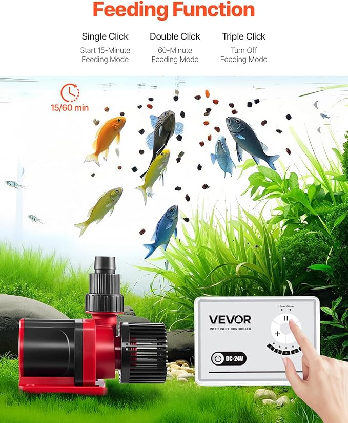 VEVOR Aquarium 24V DC Water Pump, 60W, 1750 GPH Marine Wavemaker Return Pump with Controller, Adjustable Flow, Feed Mode, 16 ft Maximum Lift, for Saltwater Freshwater Fish Tank Sump Pond Circulation