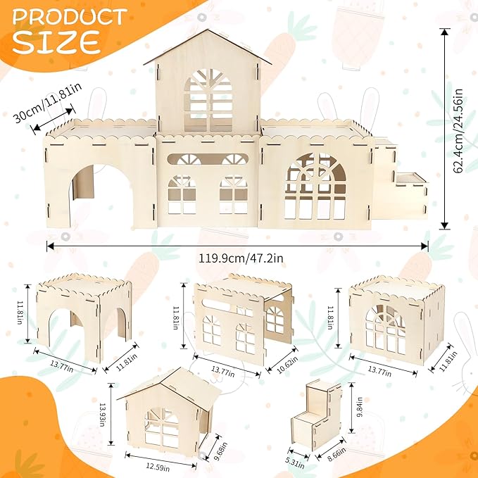 Extra Large Bunny Castle Hideout, Wooden Bunny House and Hideouts Detachable Rabbits Hideaway, Indoor Rabbit Castles Sturdy Small Animal Play Hideaway Hut for Rabbits, Guinea Pigs, Chinchillas