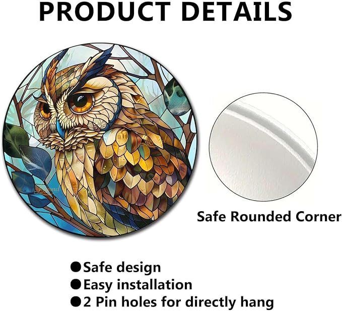 Lygond Metal Sign Tin Sign Circular Stained Glass Owl Vintage Metal Sign for Pet 8×8 Inches