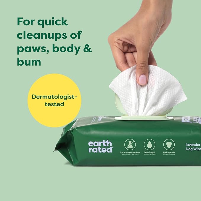 Earth Rated Dog Wipes, Hypoallergenic, Cleaning and Hydrating, for Grooming Paws, Body and Butt, Lavender Scented, 400 Count