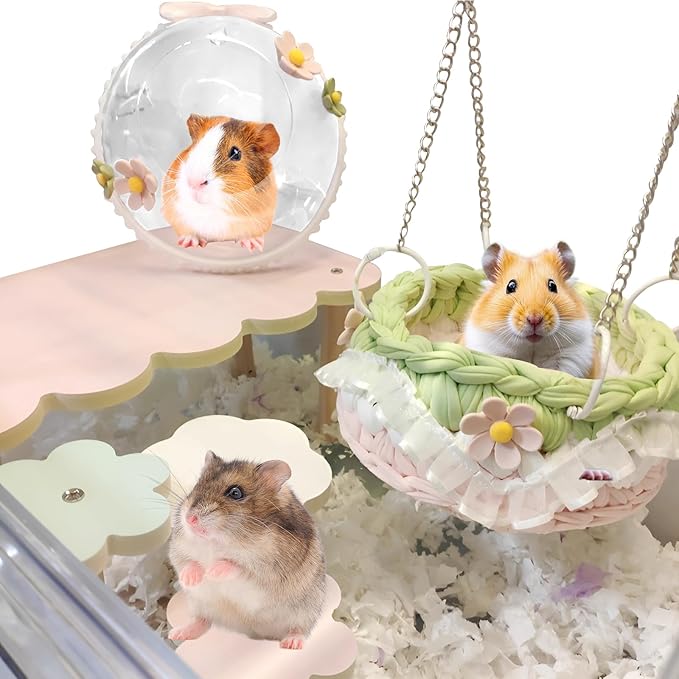 4-Pack Wooden Rat Cage Accessories - Platforms, Ladders & Hammocks Set for Chinchillas, Hamsters, Gerbils (for Iron/Wooden, Acrylic Hamster Cages + Customizable Layout) (11x6.7x5.5)