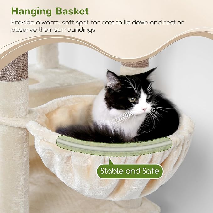 Globlazer Heavy Duty Cat Trees for Large Cats, Sturdy 72in Maine Coon Cat Tree for Large Cat 20 lbs+ Heavy Duty Cat Tower for Adult Biggest Cats with 6 Scratching Posts, Hammock, S72, Beige