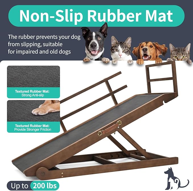 Dog Ramp, 5 Level Adjustable Height Folding Pet Ramp for High Bed, Portable Paw Ramps Large Bed Ramp for Medium & Large Old Dogs & Cats - Natural Wood Furniture Quality