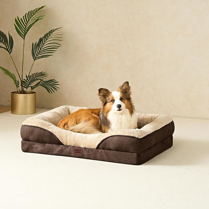 EHEYCIGA Memory Foam XL Dog Bed for XLarge Sized, Extra Large Orthopedic Dog Sofa with Sides and Waterproof Liner, Washable Bolster Pet Couch with Removable Cover, 48x35x7.5 Inch, Brown