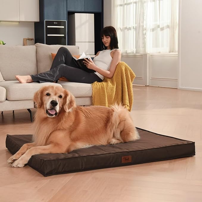 Outdoor Waterproof Dog Bed, Large Dog Bed for Large Size Dogs, Orthopedic Egg Foam Pet Bed with Washable and Removable Oxford Cover, Brown