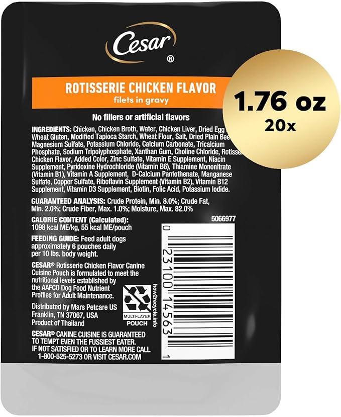 Cesar Filets in Gravy Wet Dog Food Rotisserie Chicken Flavor, 1.76 oz. Mini-Pouch (20 Count, Pack of 1)