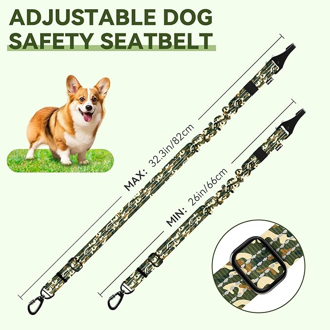 Pawaboo 2Pack Dog Seatbelt for Car, Dog Car Seat Belt Bungee, Dogs Tether with Buckle & Hook Latch, Adjustable Reflective Dogs Cars Harness Leash with 360° Lockable Buckle, Army Green Camouflage
