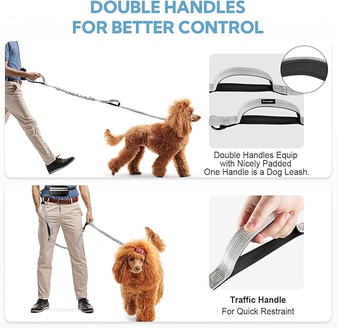 Hands Free Dog Leash, Adjustable Waist Belt with Double Padded Handles, Retractable Bungee for Medium & Large Dogs, Waist Leash for Dog Walking, Running, No Pull, Grey