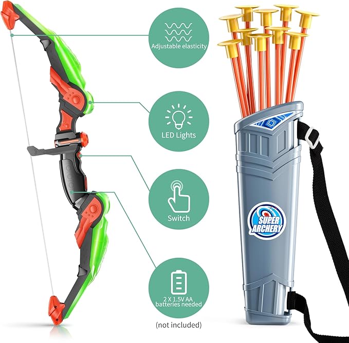 TEMI Bow and Arrow Set for Kids - Archery Toy Set - LED Light Up with Suction Cup Arrows, Target & Quiver, Indoor and Outdoor Toys for Children Boys Girls