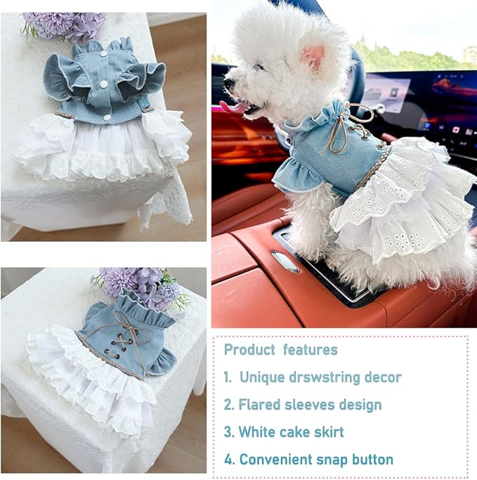 Girl Dog Denim Dress with Flared Sleeves Dog Jeans Jacket Blue White Puppy Clothes for Small Dogs Cat Apparel Cake Skirt Pet Outfit (Blue, X-Large)