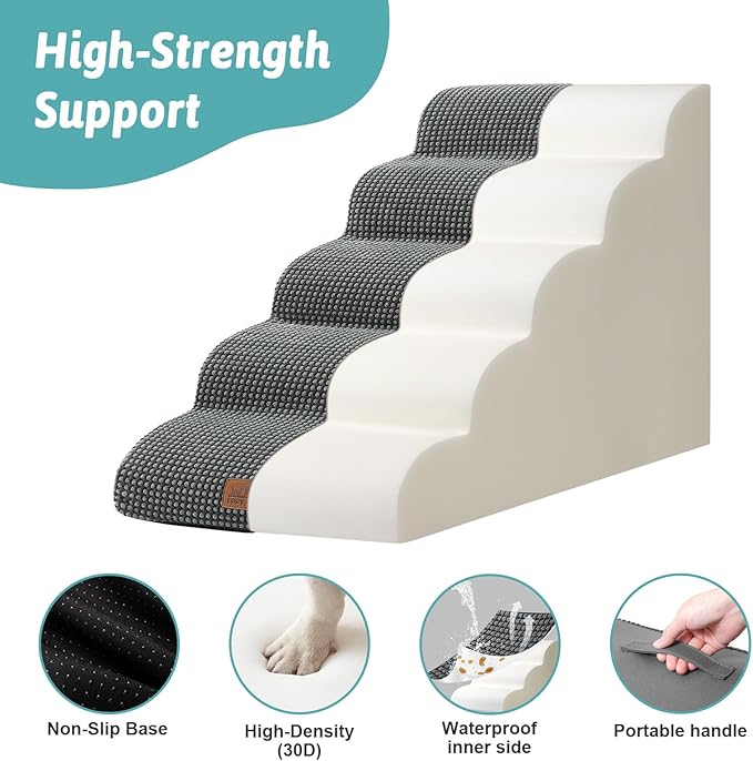 Extra Wide Dog Stairs 19.7" Width, Large Pet Step for Small Medium Dog, Puppy or Cat, Ramp for High Bed or Car, High Density Foam Ladder, Stable, 5 Step, 19.7x33x22.4 in, Dark Grey