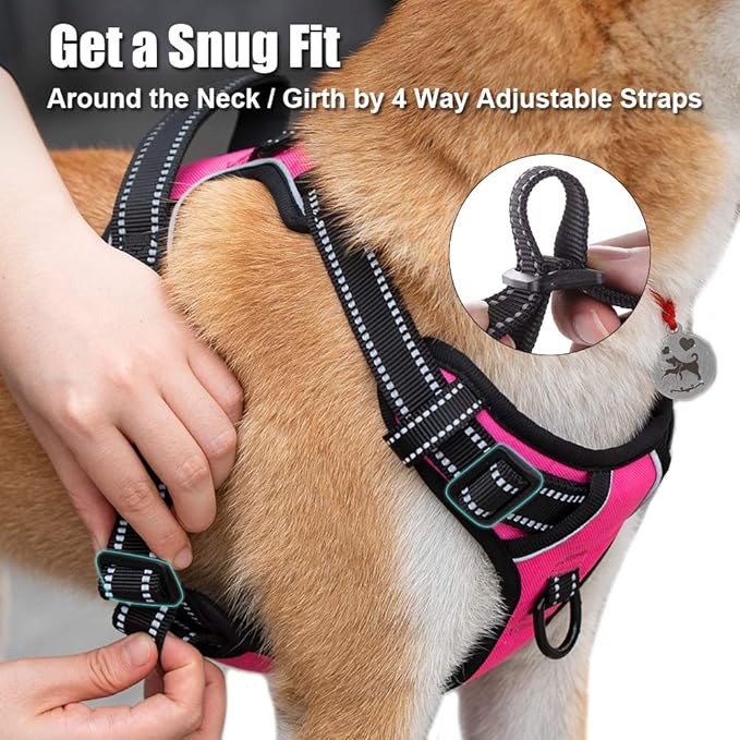 PoyPet No Pull Dog Harness, Reflective Comfortable Vest Harness with Front & Back 2 Leash Attachments and Easy Control Handle Adjustable Soft Padded Pet Vest for Small to Large Dogs (Pink,L)