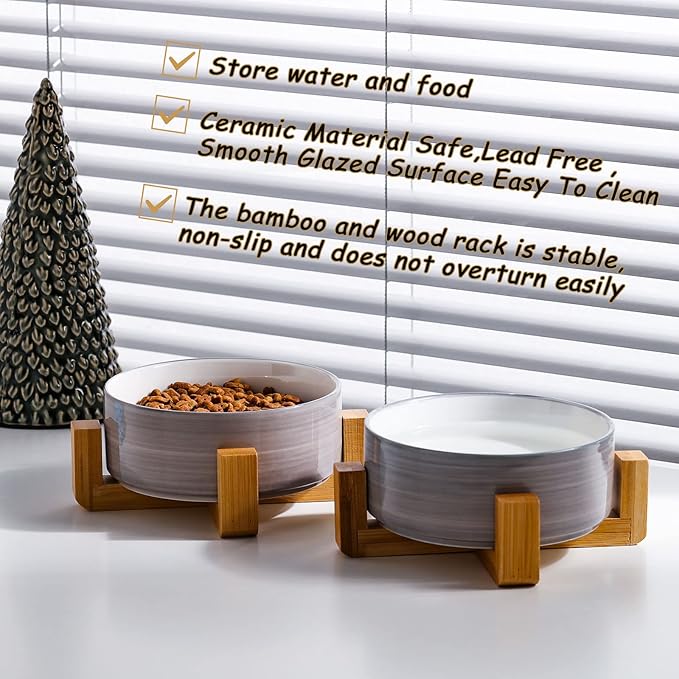 Petygooing Ceramic Cat Dog Bowl Set with Stand,Small Dog Bowls,Pet Food and Water Dish, Anti Slip Set of 2 Cat Bowls-Cute Modern Pet Food Dish Small Size (13.5OZ/5.1 in) Grey White