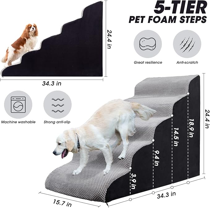 Dog Stairs&Steps for High Beds Up to 28'', 5-Step Dog Ramp for Small Medium Dogs with Washable Cover, Pet Steps for Cats to Get on Couch and Sofa, Durable Foam Ladders, 24.4" Tall, Grey