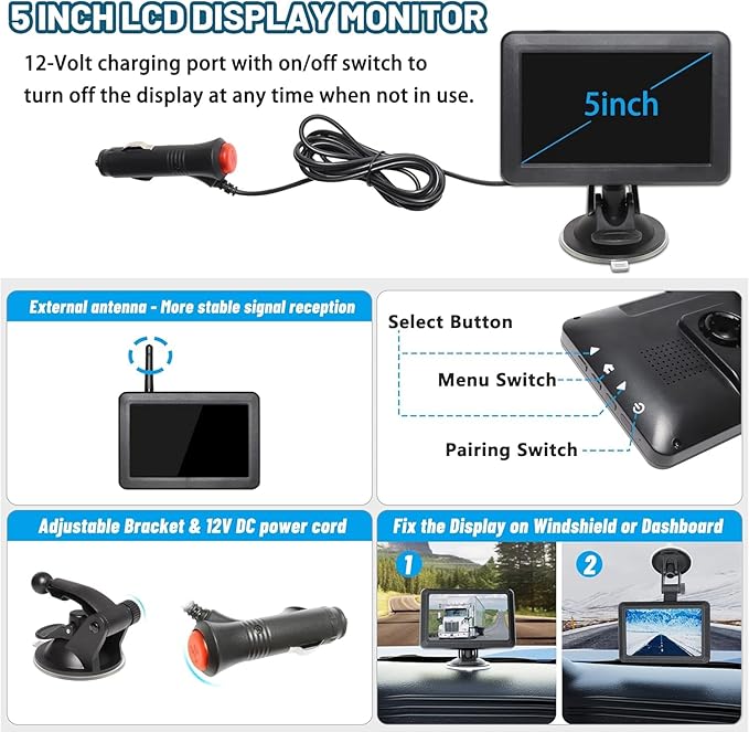 EWAY 2 Magnetic Wireless Backup Cameras HD1080P w/ 5" Split Screen Monitor Portable No Wiring Trailer Hitch IR Night Vision Rear View Camera for Truck Pickup RV Camper 5th Wheel Boat Horse Trailer