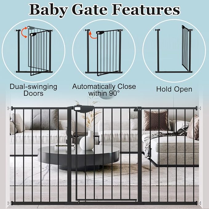 WAOWAO Triple Lock Baby Gate Extra Wide 39.76-43.7" Pressure Mounted Walk Through Swing Auto Close Safety Black Metal Dog Pet Puppy for Stairs,Doorways,Kitchen