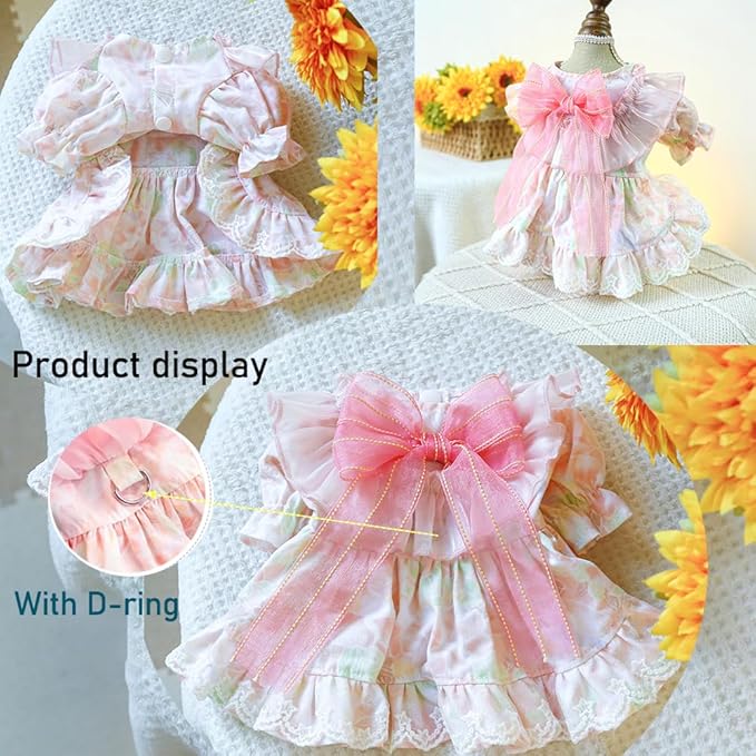 Pink Dog Dress for Small Dog Girl Spring Puppy Clothes with Bow Puff Sleeves Cat Outfit Doggy Princess with Leash Ring Doggies Harness Dress Summer Pet Apparel (Pink, X-Small)