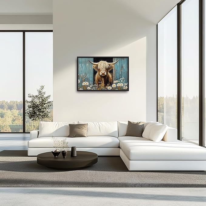 Large Farmhouse Highland Cow Country Wall Art for Living Room, Floral Canvas Oversized Wall Decor, Daisy Flower Animal Framed Pictures Painting Print Artwork for Bedroom Office 36"L x 24"W