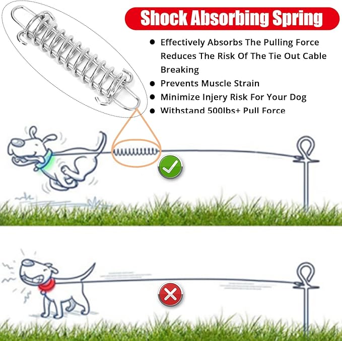 Jenico Dog Tie Out Cable, 10/15/20/30/40/50/70/100/150FT Runner Cable with Swivel Hook and Shock Spring, Yard and Camping Dog Leash Run Tether, Up to 500 LBS