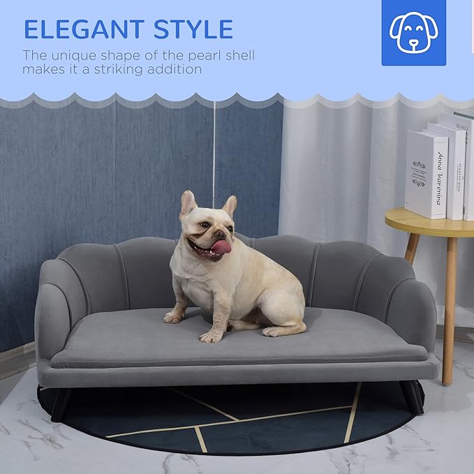 PawHut Velvet Large Dog Couch with Foam Cushion, Soft and Cute Dog Bed with Pearl Design, Dog Sofa for Big and Medium Dogs, Charcoal Gray