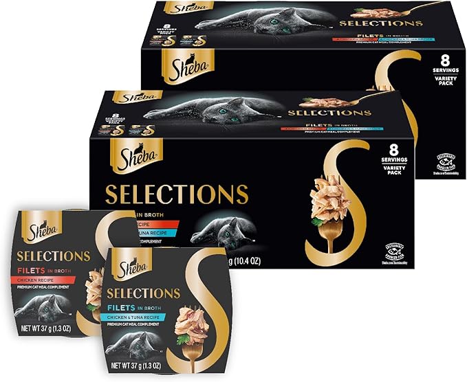 Sheba Selections Filets in Broth Adult Wet Cat Meal Complement Chicken or Tuna Recipe, 1.3 oz. Cups, 8 Count (Pack of 2)