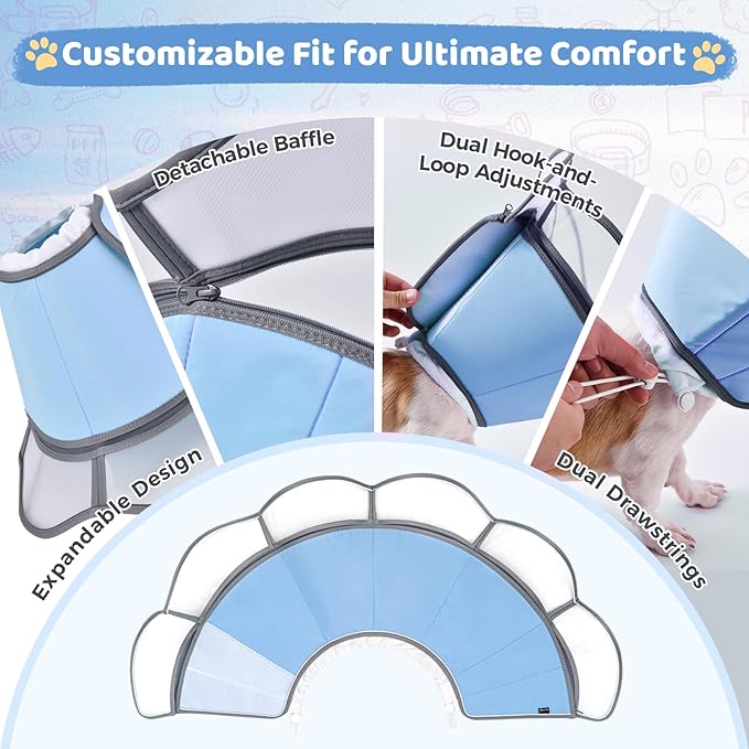 Soft Dog Cone Collar After Surgery Recovery,Adjustable E-Collar with Removable Shield,Lightweight,Breathable Anti-Licking Protective Cone for Large,Medium,Small Pets (Blue, XL (Neck:17''-22''))