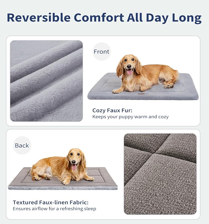 Made4Pets Dog Crate Pad Bed for Medium Dogs, Washable & Reversible, Anti-Slip Kennel Mat for Cozy Sleeping, Soft Fluffy Dog Bed for Indoor & Outdoor Use, 29"x21", Gray