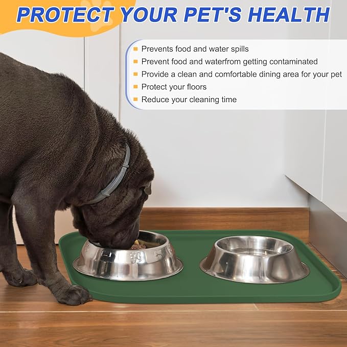 Silicone Pet Feeding Mat with Raised Edge for Food and Water, Dog Bowl Mats, Cat Bowls Placemat with High Lip for Floor Waterproof, Rubber Tray for Cats and Dogs 24 x 16 x0.8 Dark Olive