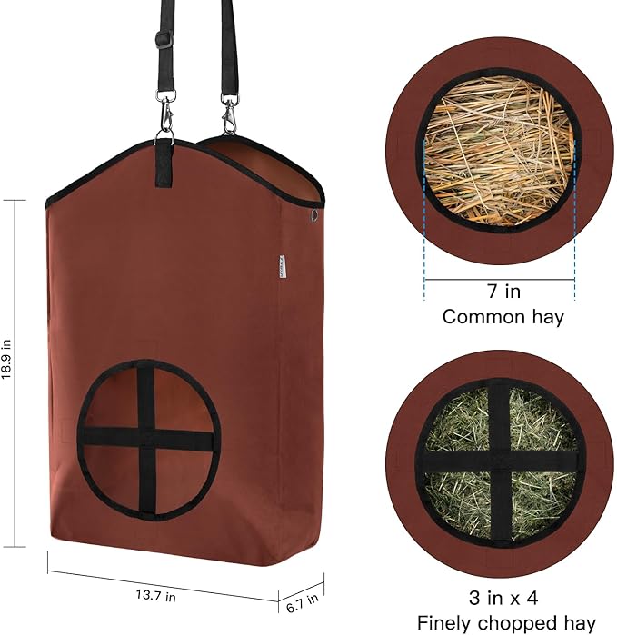 3 Packs Goat Hay Feeder,Hay Bags for Goats,Horses,Sheep,Premium 600D Oxford Cloth,with Metal Fastener and Adjustable Open Feed Hole for Slow Feeding. (2Brown + 1Black)