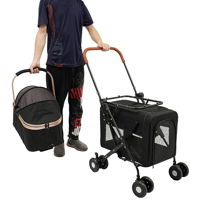 Double Pet Stroller for Dogs and Cats, Foldable Dog Stroller Travel Carriage with Detachable Carriers, Safety Belts, and 4 Lockable Wheels for Small to Medium Pets (Black)