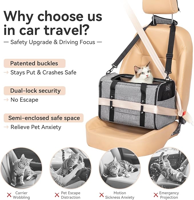 Petsfit Pet Carrier for Large Cats, Cat Carrier for Medium Cats and Puppy up to 20lbs, 4-Sided Breathable Mesh, Escape Proof and Locking Zipper, Sturdy Structure,Grey
