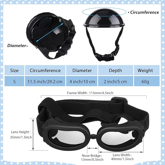 Frienda Dog Helmet and Goggles, UV Protection Doggy Sunglasses and 4 Inch Padded Puppy Motorcycle Helmet Adorable Dog Goggles with Adjustable Belt for Small Dogs Puppy Riding(Black,S)