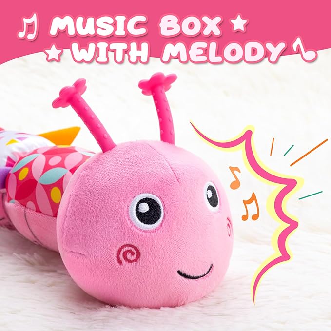 Baby Toys 0-6-12 Months,Infant Musical Stuffed Animals Activity Toys with Muti-Sensory Crinkle,Rattles,Baby Girl Toys Gifts for Newborn Tummy Time,Caterpillar,Pink