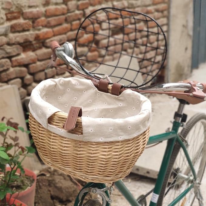 Shiker Basket with Wire Mesh Cover, Wicker Bike Basket for Small Dogs Cats, Front Handlebar Bike Basket, Easy to Detachable, 11.81 x 9.84 inch