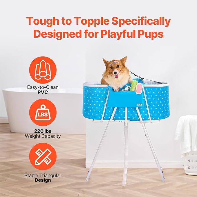 VEVOR Portable Dog Bathtub, Elevated & Foldable Space-saving Pet Shower Station with Quick Drainage, Bathing Tub for Washing & Grooming Small and Medium Size Dogs and Cats Indoor & Outdoor, Light Blue
