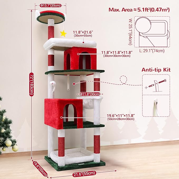 Globlazer Heavy Duty Cat Trees for Large Cats, Sturdy 72in Maine Coon Cat Tree for Large 20 lbs+ Heavy Duty Cat Tower for Adult Biggest Cats with 6 Scratching Posts, Hammock, S72, Red White Green