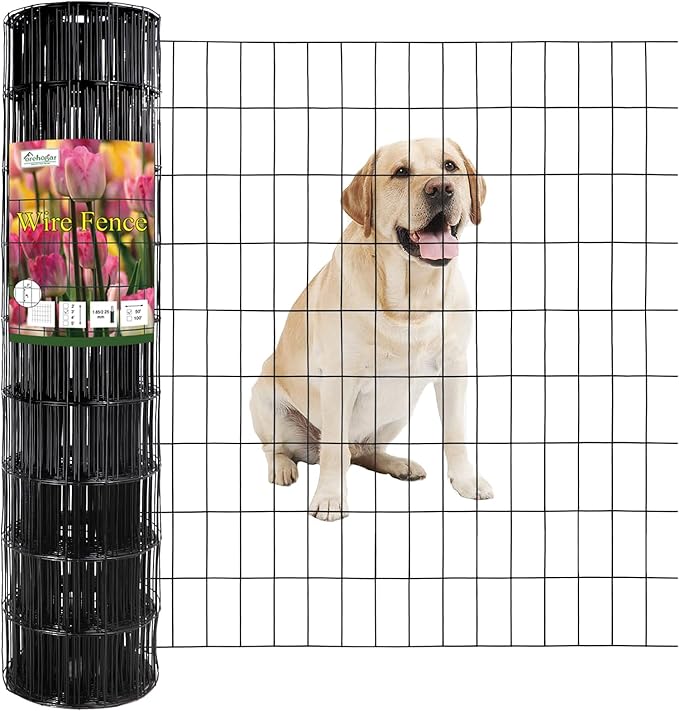 Black PVC Coated Welded Wire Fence 36 Inch x 50 Foot, 2 Inch x 4 Inch 15GA, Garden Border Fencing Roll Vinyl Coating Metal Wire Mesh Hardware Cloth for Yard Vegetable Plant Protection