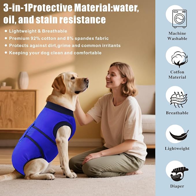Idepet Dog Recovery Suit Female,Dogs Onesie Suit Surgery Male Breathable Pet Bodysuit for Spay Neuter E-Collar & Cone Alternative Surgical Suit Puppy Abdominal Anti Licking Wounds Shirt (Blue, XL)
