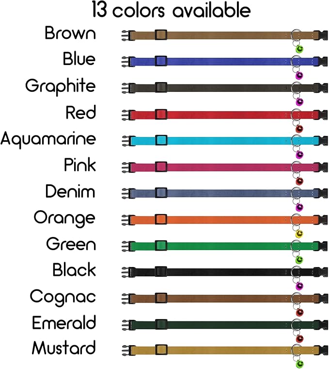 Breakaway Cat Collar Leather with Removable Bell - 13 Colors Available - Soft Adjustable Girl Boy Safety Lightweight Pet Kitten Collars Pink Brown Blue Green Red Orange Black (Black)