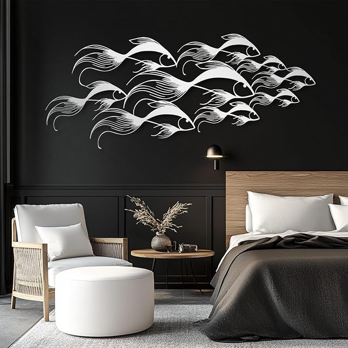 School of Fish Metal Wall Art, Metal Fish Wall Decor, Sea Life Wall Art, Large Nautical Wall Hanging, Modern Beach House Wall Decor, Ocean Themed Artwork for Bathroom (White, 24"x10" | 60x25cm)