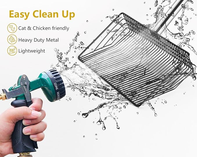 Chicken Poop Scooper, SUVEUS 10 inch Stainless Steel Coop Scoop, Adjustable 32"-67" Long, 5 in 1 Chicken Coops Shavings Shovel, Heavy Duty Sand Sifter Shovel