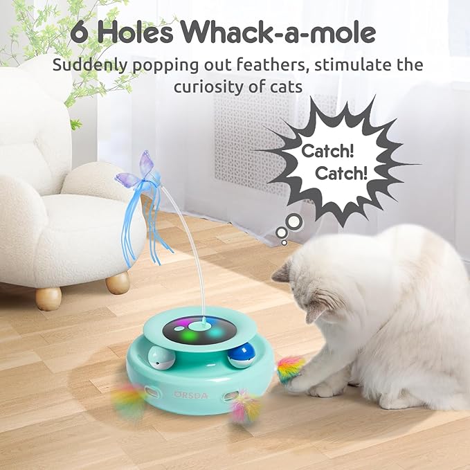 ORSDA Cat Toy, 3-in-1 Automatic Interactive Electronic Moving Ambush Feather, Fluttering Butterfly, Track Balls, USB Rechargeable Powered Smart Indoor Exercise Kicker