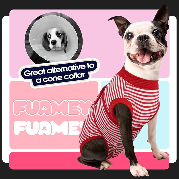 FUAMEY Dog Recovery Suit Male,Dogs Surgery Neuter Suits Puppy Spay Shirts for Female Protect Dog's Skin Anti Licking Abdominal Wounds Doggie Onesie Pet Bodysuit Alternative to Cone Red Stripes XS