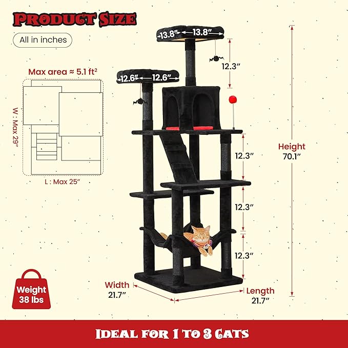 MWPO Gothic Large Cat Tree, 70.1-Inch Multi-Level Tall Cat Tower for Indoor Cats, Plush Cat Condo with Big Padded Perches, Sisal-Covered Scratching Posts, Hammock, Toys for Kittens & Cats, Black