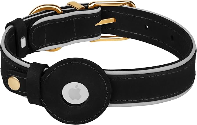 OOPSDOGGY Reflective Geniune Leather Airtag Dog Collar Soft Padded Collars for Small Medium Large Breed Dogs Puppy, 4 Sizes, 7 Colors (Black, Large, 15"-19")