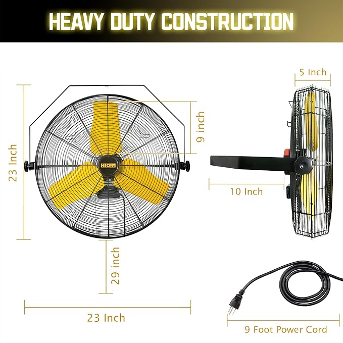 HiCFM 9100 CFM 24 inch Heavy Duty Industrial Wall Mounted Fan with TEAO Enclosure Motor, Permanent Lubricated Ball Bearing, 180 Degree Tilting, Safety Yellow Blade Wall Fan - UL Listed, 2 PACK