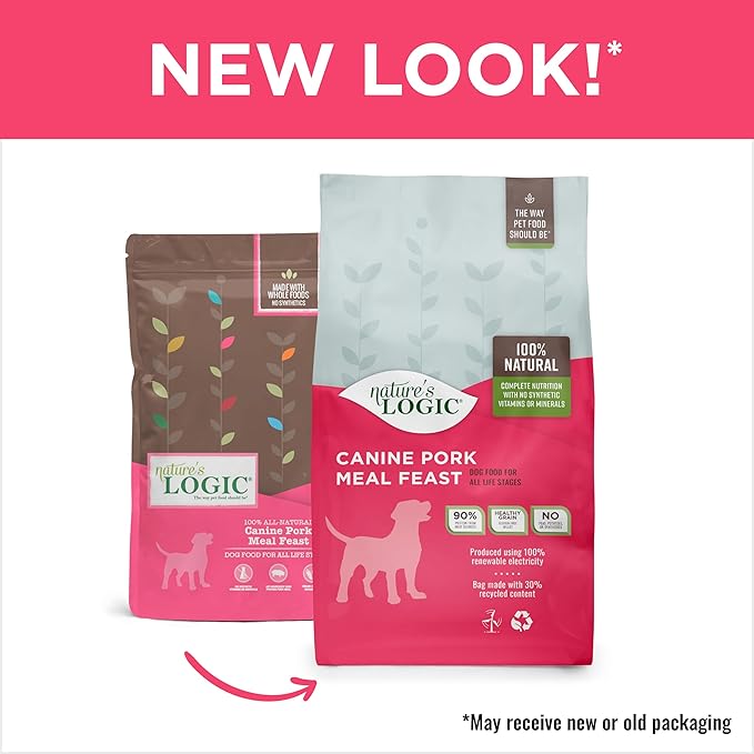 NATURE'S LOGIC Dry Dog Food - 100% Natural - No Synthetics - for All Ages, Sizes, Breeds - Free from Common Allergens, High Protein - Pork Meal Feast, 13lbs