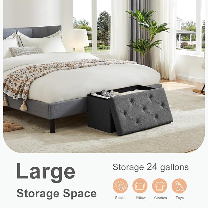Sweetcrispy 30 Inches Folding Storage Ottoman Bench, Large End of Bed Foot Rest Stools Ottoman Storage Chest with Padded Seat for Bedroom, Living Room, Entryway, Holds up to 660 lb, Deep Grey