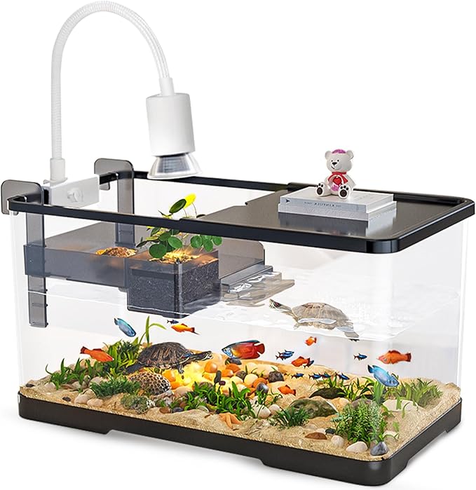 (Tank + Light + Filter + Filter Balls) Turtle Tank Kit, Turtle Tank Starter Kit,Bottom Drainage, Multi-Function Areas for Turtles, Crabs,Fishes, Amphibians,Reptiles. (21.65 × 12.28 × 12.28 Inch)